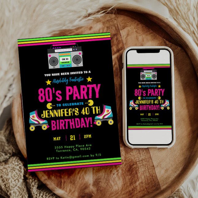 Modern Retro Neon 80's Birthday Party Invitation (Creator Uploaded)