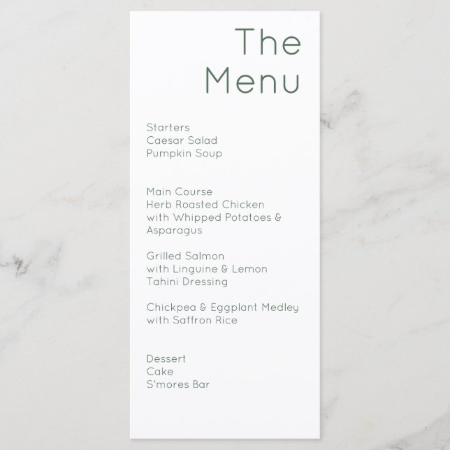 Modern Retro Olive Green & White Wedding Menu (Front)