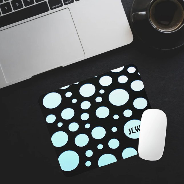Modern  Retro Ombre Blue Circles on Black Mouse Pad (Creator Uploaded)
