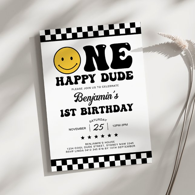 Modern Retro One Happy Dude Boy First 1st Birthday Invitation (Creator Uploaded)
