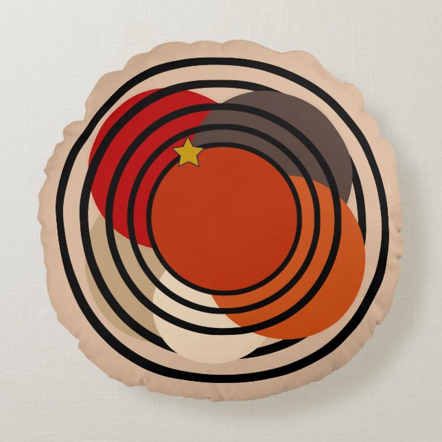 Modern Retro Op-Art Orange, Red, Grey, Tan, Black Round Cushion (Front)