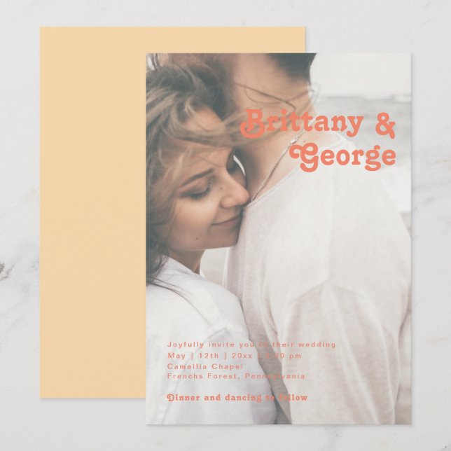 Modern Retro | Orange Casual Faded Photo Wedding Invitation (Front/Back)