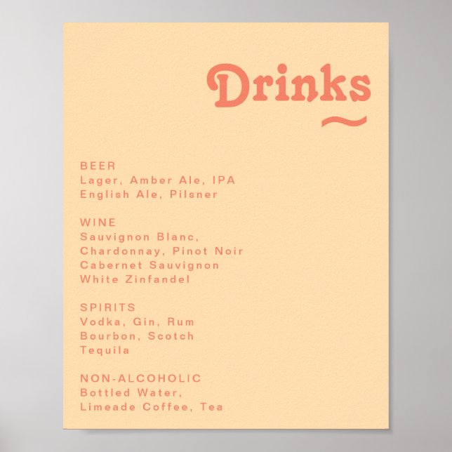 Modern Retro Orange Cream Wedding Drinks Menu Sign (Front)