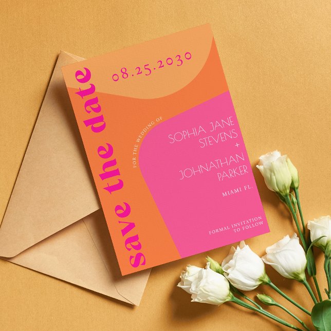 Modern retro orange pink abstract shapes wedding save the date (Creator Uploaded)