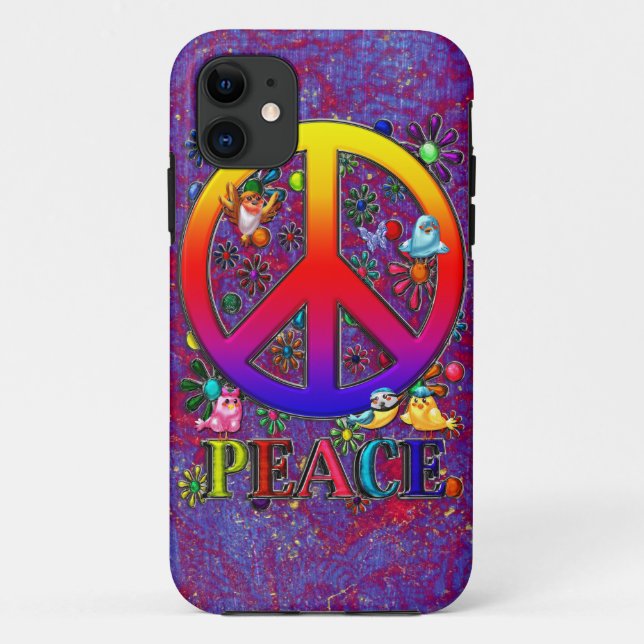 Modern Retro Peace Sign Text Birds & Flowers Case-Mate iPhone Case (Back)