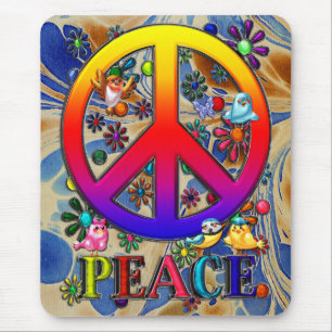 Modern Retro Peace Sign Text Birds & Flowers II Mouse Pad