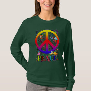 Modern Retro Peace Sign Text Birds & Flowers II T-Shirt