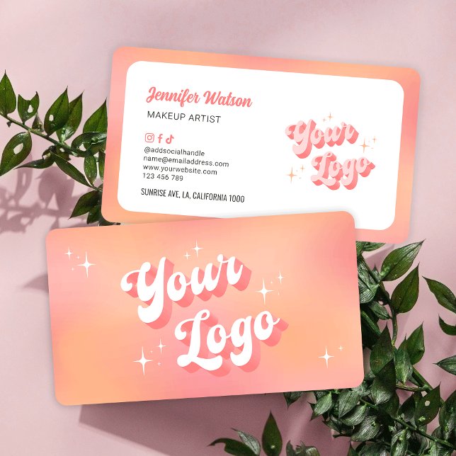 Modern Retro Peach Makeup Artist Beauty Salon Logo Business Card (Modern groovy business cards, featuring nostalgic fonts and pastel hues)