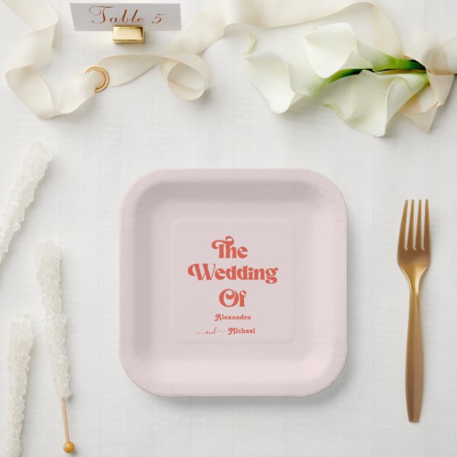Modern Retro Pink And Orange Typography Wedding Paper Plate (Wedding)
