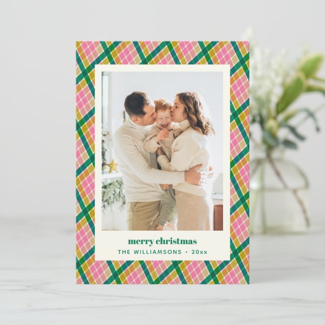 Modern Retro Pink Green Plaid Christmas Photo Holiday Card (Standing Front)