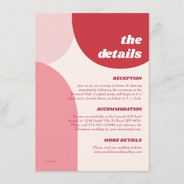 Modern Retro Pink Red Arches Wedding Details Enclosure Card (Front)