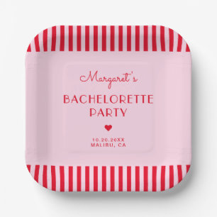 Modern Retro Pink & Red Stripes Bachelorette Party Paper Plate