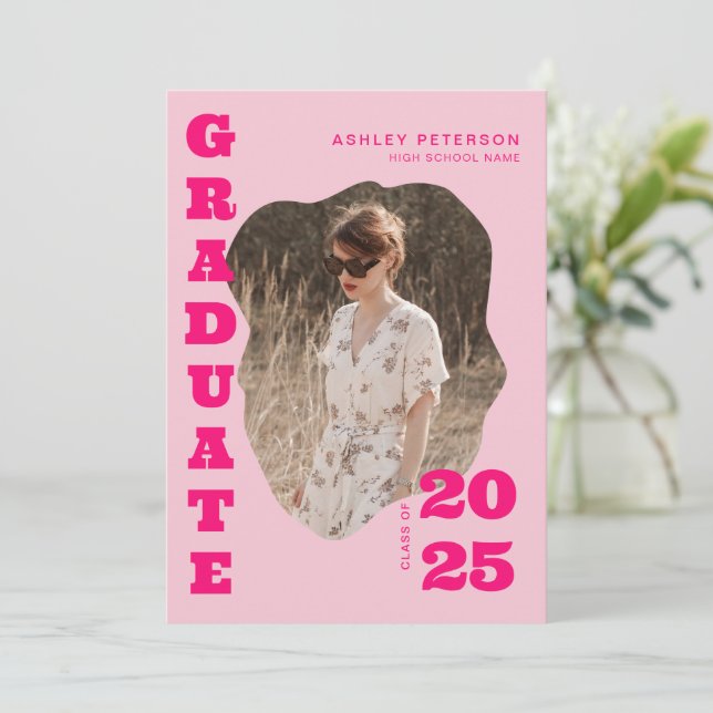 Modern Retro Pink Typography Photo Graduation Announcement (Standing Front)