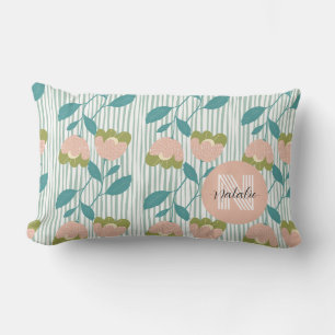 Modern retro Pretty monogram pattern floral blue Lumbar Cushion