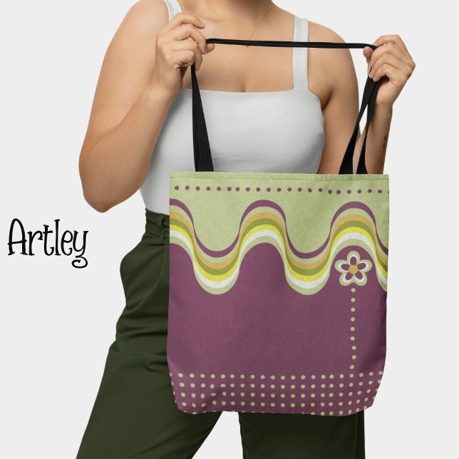 Modern Retro Purple Green Groovy Geometric Floral Tote Bag (Creator Uploaded)