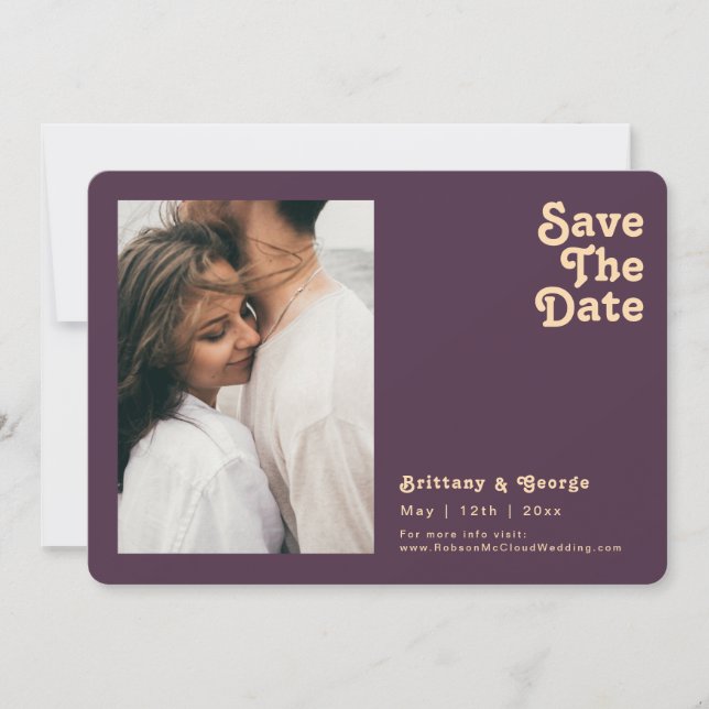 Modern Retro Purple Photo Horizontal Rounded Edges Save The Date (Front)