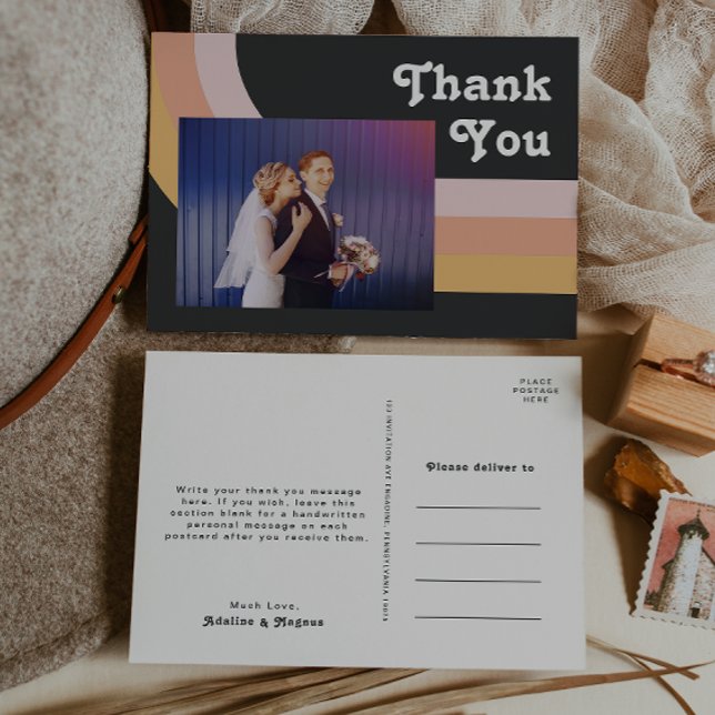 Modern Retro Rainbow Dark Photo Wedding Thank You Postcard (Creator Uploaded)