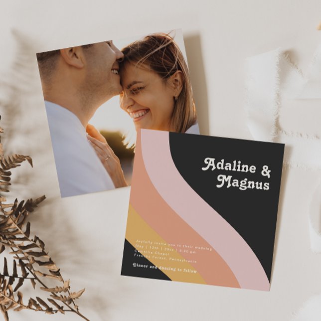 Modern Retro Rainbow Dark Square Photo Wedding Invitation (Creator Uploaded)