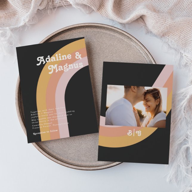 Modern Retro Rainbow Monogram Photo Dark Wedding Invitation (Creator Uploaded)