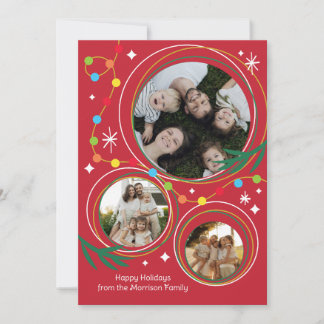 Modern Retro Red 3 Photo Christmas Cards