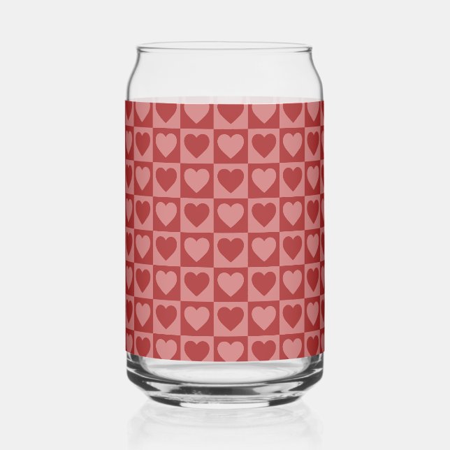 Modern Retro Red and Pink Minimalist Heart Pattern Can Glass (Front)