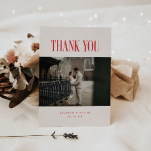 Modern Retro Red & Beige Wedding Photo Thank You Card