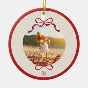 Modern Retro Red Bows Trendy Christmas photo Ceramic Ornament