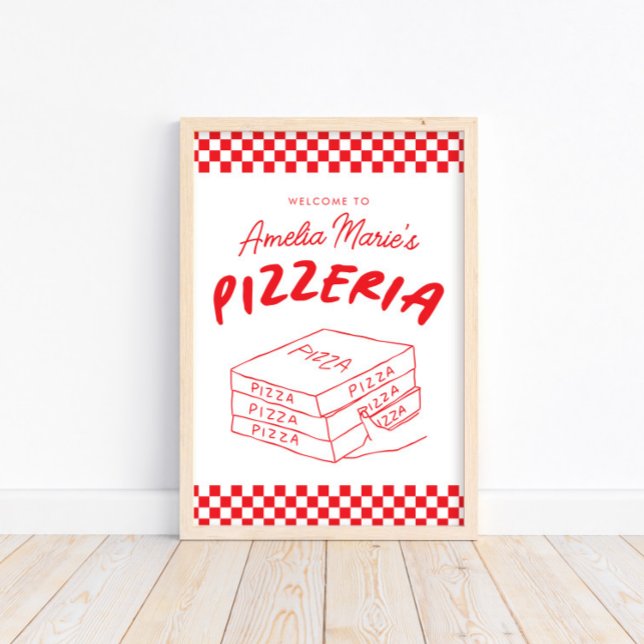 Modern Retro Red Italian Pizzeria Pizza Party Poster (Creator Uploaded)