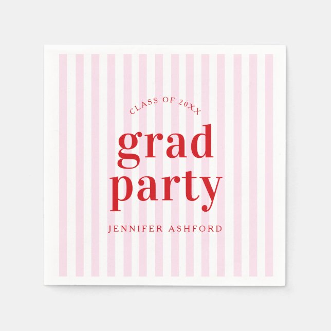 Modern Retro Red & Pink Stripes Graduation Party Napkin (Front)