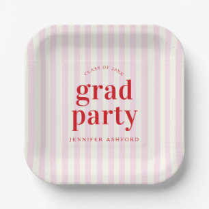 Modern Retro Red & Pink Stripes Graduation Party Paper Plate