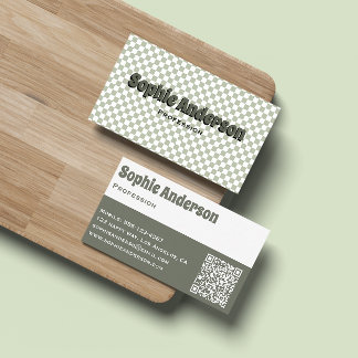 Modern Retro Sage Green Chequerboard with QR Code Business Card