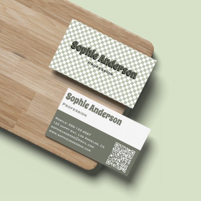 Modern Retro Sage Green Chequerboard with QR Code  Business Card (Creator Uploaded)