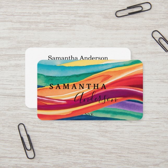 Modern Retro Script Abstract Colourful Wavy Lines Business Card (Front/Back In Situ)