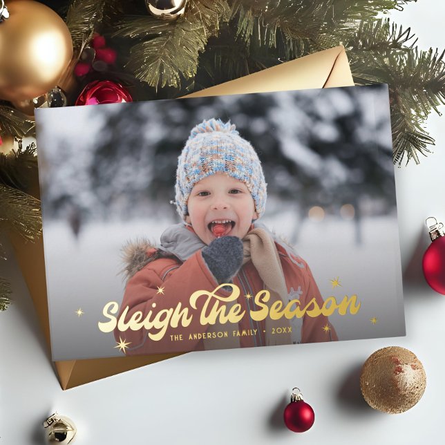 Modern Retro Sleigh The Season Photo Christmas Foil Holiday Card (Creator Uploaded)