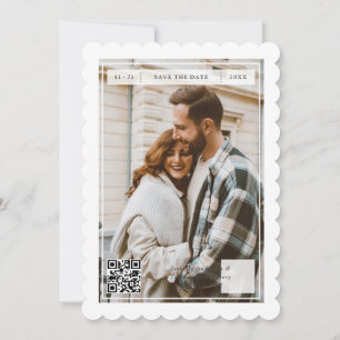 Modern Retro Stamp QR Code Wedding Two Sided Photo Save The Date