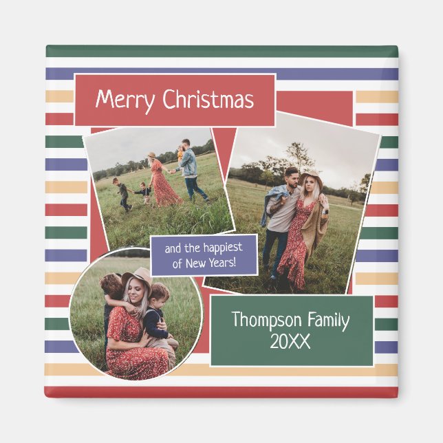 Modern Retro Stripes Framed Photos Christmas Magnet (Front)