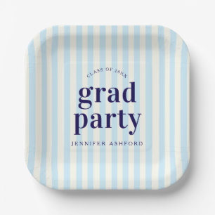 Modern Retro Stripes Navy Blue Graduation Party Paper Plate