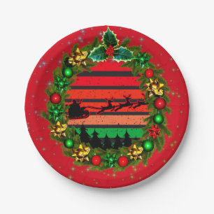 Modern Retro Sunset Red Green Santa Wreath 7'" Paper Plate