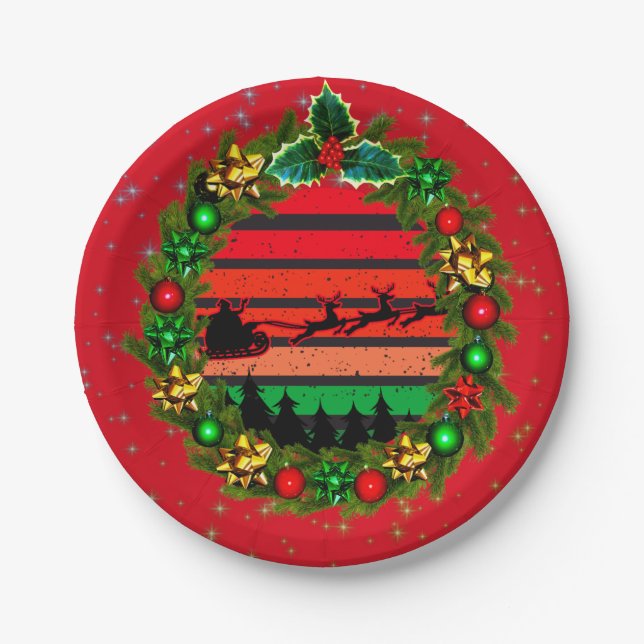 Modern Retro Sunset Red Green Santa  Wreath 7'" Paper Plate (Front)