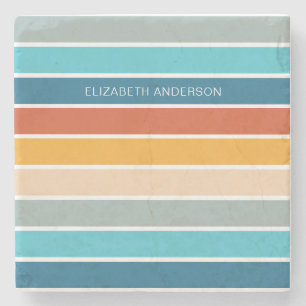Modern Retro Sunset Stripes Personalised Stone Coaster