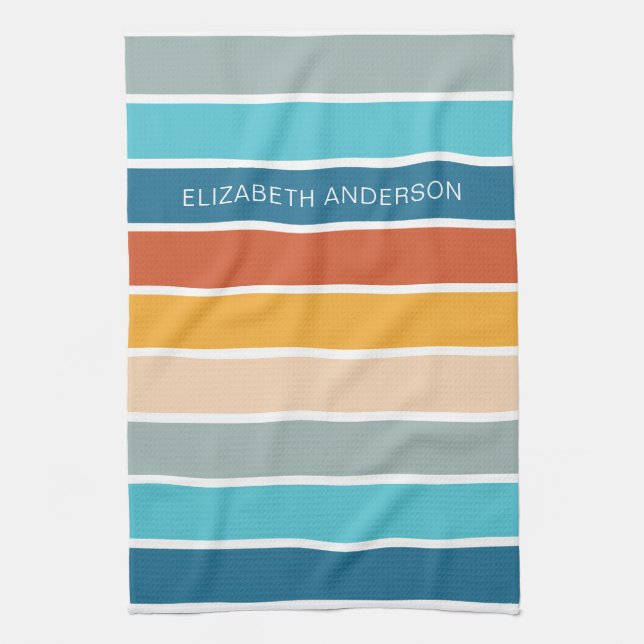 Modern Retro Sunset Stripes Personalised  Tea Towel (Vertical)