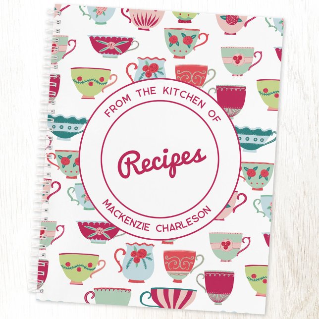 Modern Retro Teacup Pattern Personalised Recipe Notebook (Retro modern teacup pattern personalized recipe notebook)