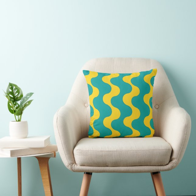 Modern Retro Teal and Yellow Wavy Abstract Cushion (Chair)
