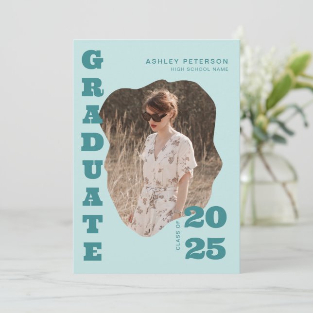 Modern Retro Teal Typography Photo Graduation  Announcement (Standing Front)