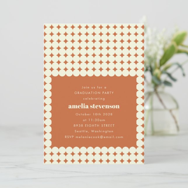 Modern Retro Terracotta Dots Graduation Party Invitation (Standing Front)