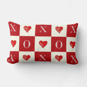 Modern Retro Valentine Red Hearts XO Checks Lumbar Cushion