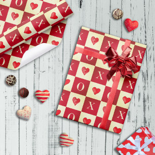 Modern Retro Valentine Red Hearts XO Checks Wrapping Paper