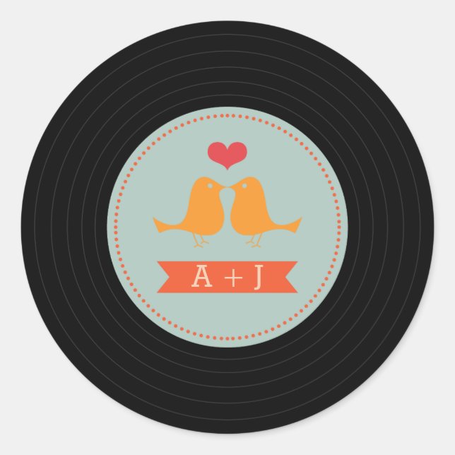 Modern Retro Vinyl Record Love Birds Sky Blue Classic Round Sticker (Front)