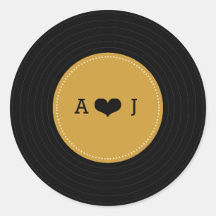 Modern Retro Vinyl Record Wedding (Gold / Black) Classic Round Sticker