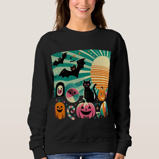 Modern Retro Wave Halloween Collage Black Cat Bats Sweatshirt (Front)